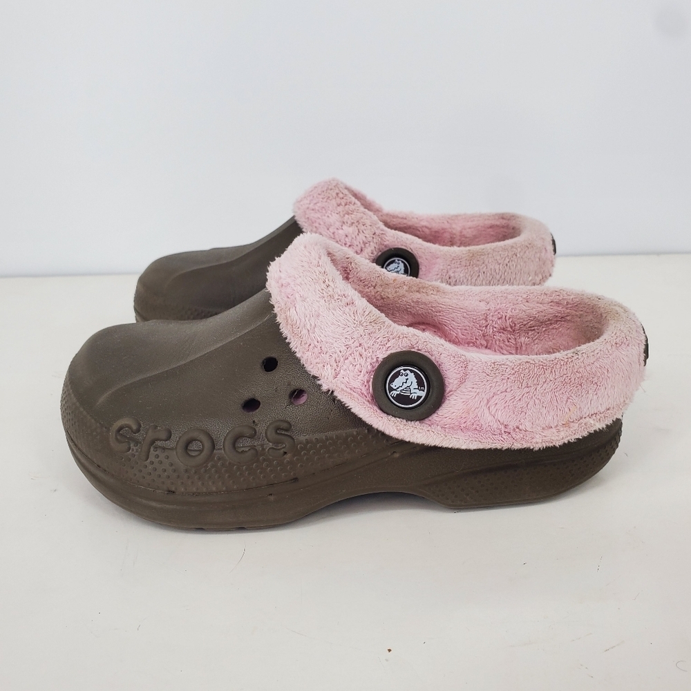 Crocs Faux Fur Lined Clogs Junior Size 3 Brown Slip On Comfort Shoes